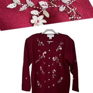 Victoria Harbour Vtg Cardigan Burgundy Beaded Cottagecore Granny Embroidery Sz M